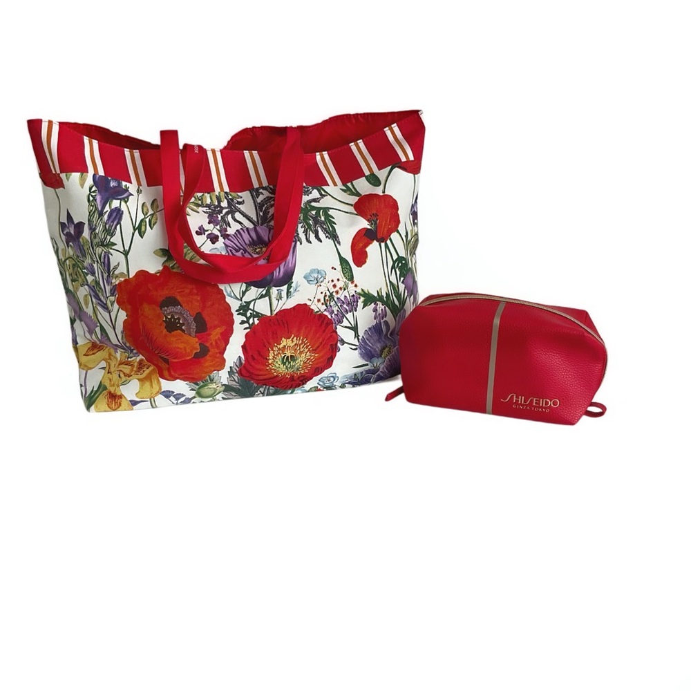 ESTEE LAUDER Red Floral Tote Bag with SHISEIDO Cosmetic Bag Set